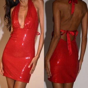 Meshki Carleigh Sequin Halter Mini Dress Red open back silk tie sultry valentine
